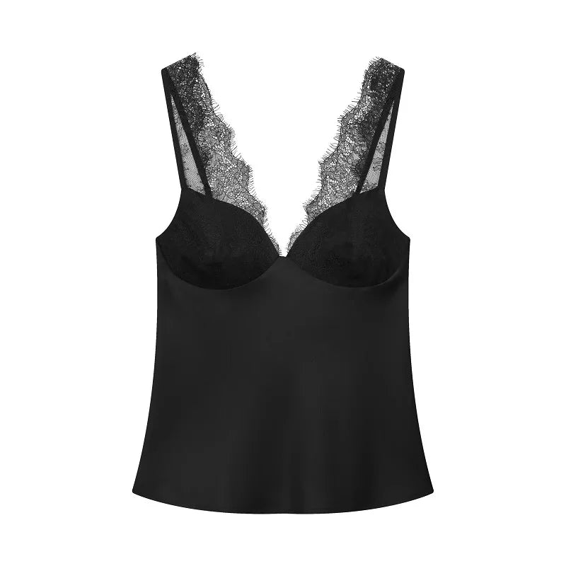 MUJER Women's Tops Sexy Lace Corset Top Woman Black Satin Backless Tops for Women off Shoulder Camisole Night Sleeveless Tops