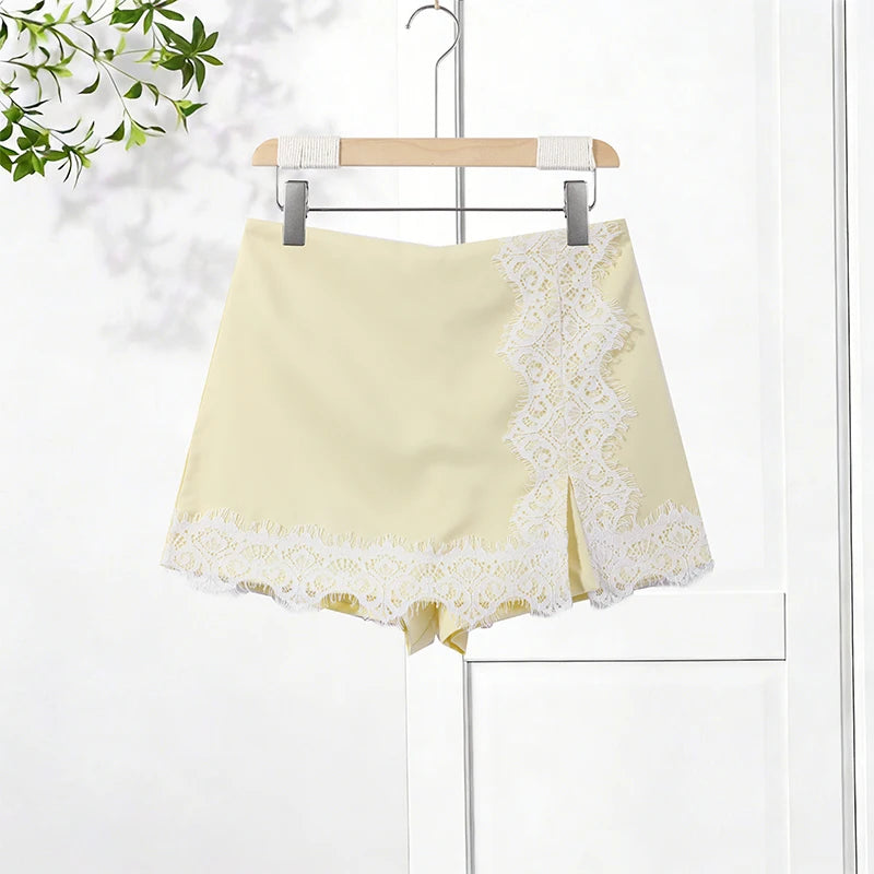 Fashion Lace Insert Two-Piece Suit Women Lapel Short Sleeve Cropped Blazer Mini Culottes 2026 Summer New Lady Office Party Wear