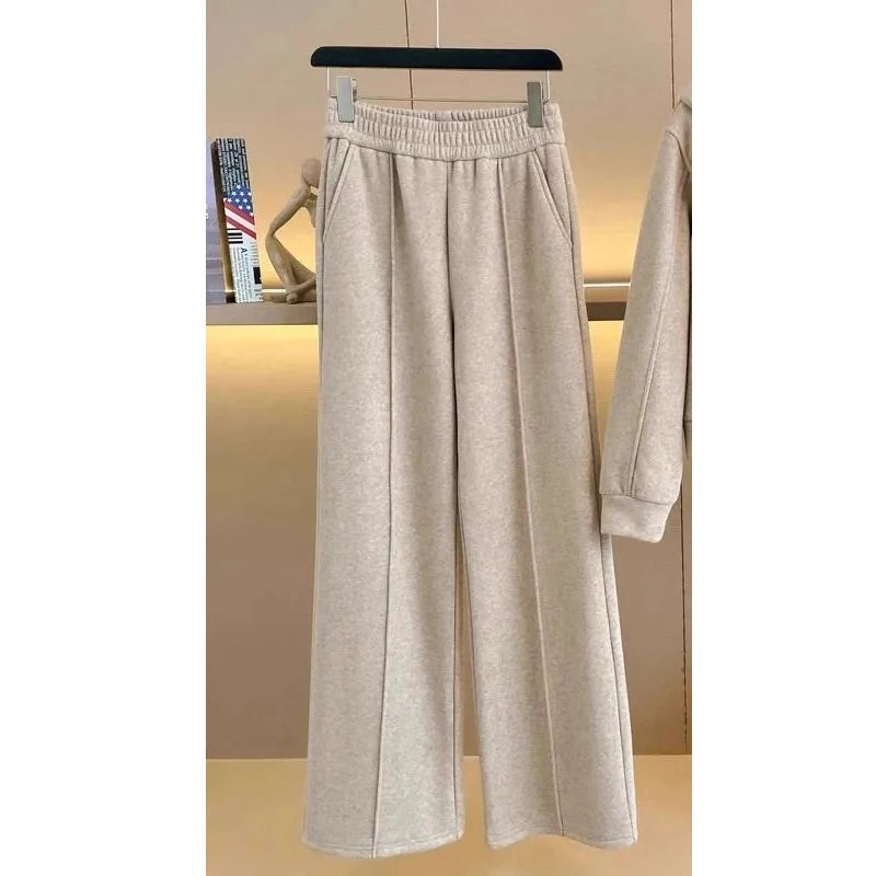 Women's Fleece Lined Thick Casual Sports Suit Set Hoodie Jacket Wide Leg Pants Two Piece Set Autumn Winter Fashion New Style
