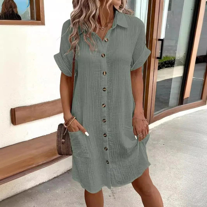 Women's Fashion Summer Minimalist V-neck Button Up Dress Woman Cotton Linen White Short Sleeved Pocket Casual Loose Shirt Dress - CRAVO ROSE