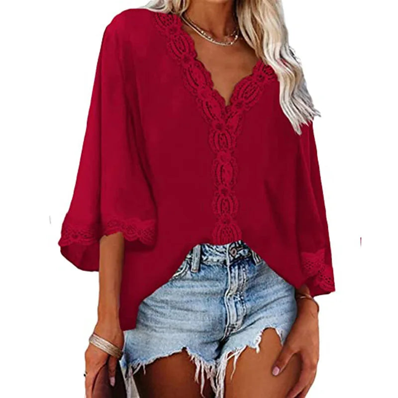 Blusa feminina de chiffon com costura de renda, decote em V, manga flare, blusa solta de verão, moda simples