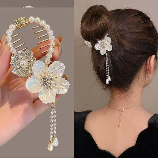 Chinese Style Flower Tassel Hair Bun Buckle High Ponytail Buckle Pearl Chain Pan Hair Claw Clip Fashion Lovely Alloy Headwear