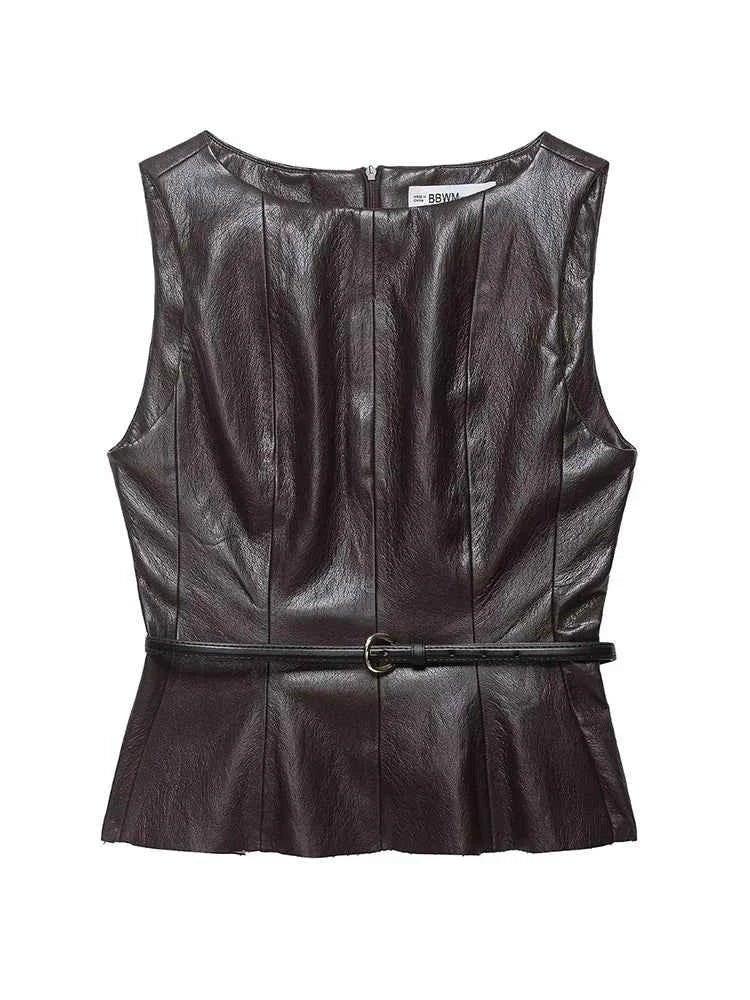 HH Vintage Women's Leather Suits 2026 Spring Summer Round Neck Belted Vest Top+Front Split Long Skirts Female Two-Piece Set