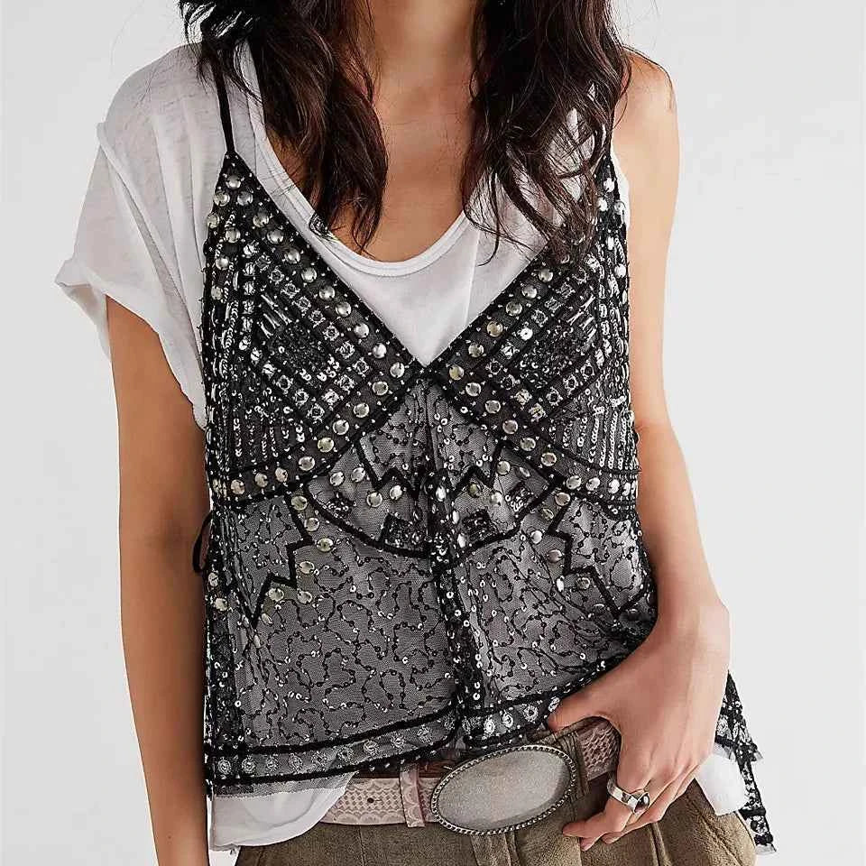 hirigin Women Y2K Sequin Mesh Tank Top Glitter Floral Embroidered Cami Crop Top Coquette Sleeveless Backless Rhinestone Camisole