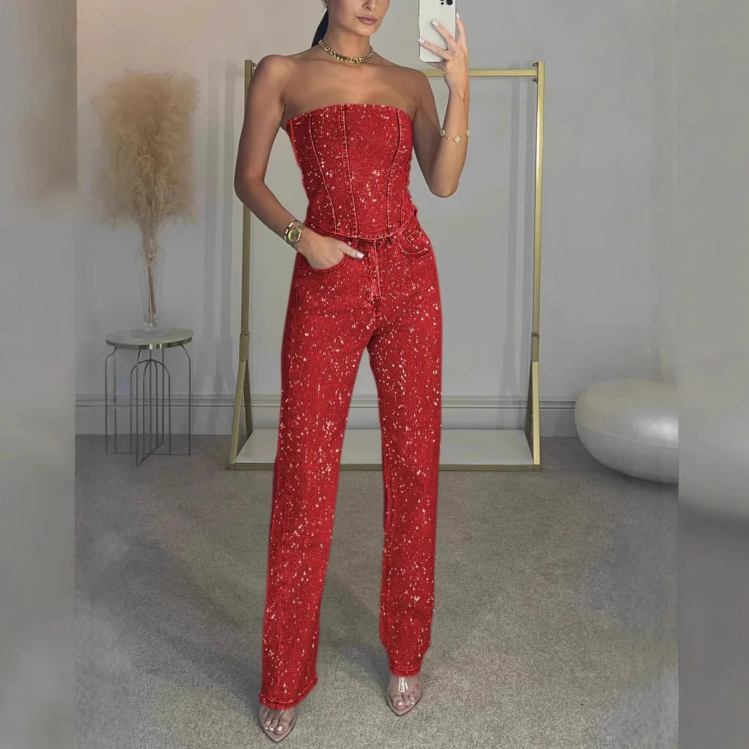 Shiny Two-Piece Suit Set for Women Sexy Shoulder-Baring Crop Top And Long Pants Glittering Rhinestones Fall Fashion Outfit