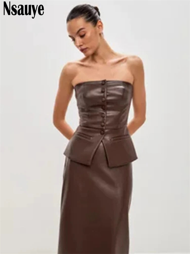 Pulôver Nsauye feminino, de um botão, sexy, sem alças, colete de couro, mini regata justa, moda verão 2025