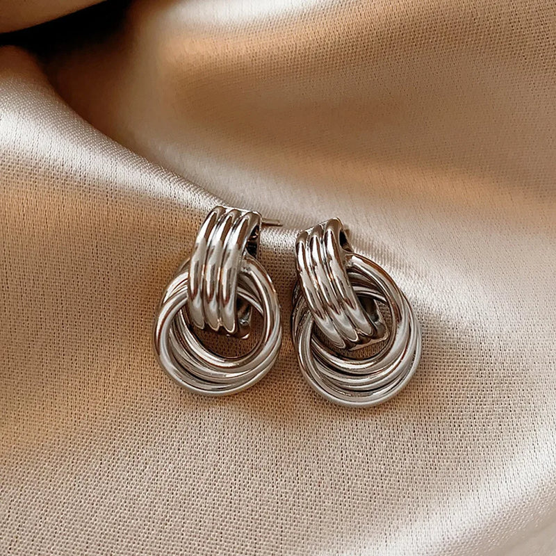 Fashion Glossy Three-Layer Textured Intersecting Knot Earrings for Women Gold Color Stainless Steel Earring Vintage Jewelry Gift