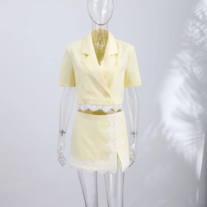 Fashion Lace Insert Two-Piece Suit Women Lapel Short Sleeve Cropped Blazer Mini Culottes 2026 Summer New Lady Office Party Wear