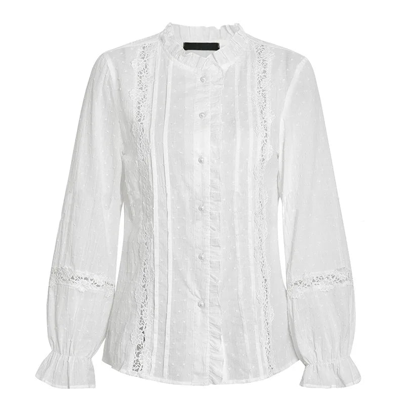 Blusa moda casual, babados, gola V, manga comprida, tops vazados, camisa solta para escritório, streetwear