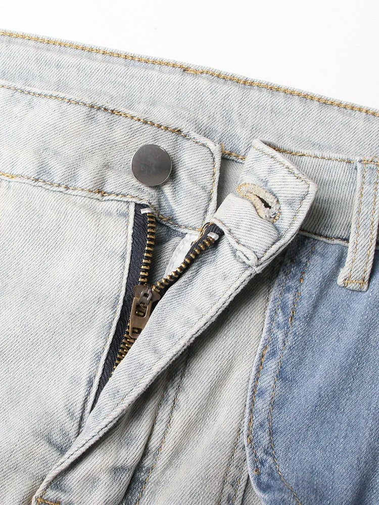 Calça jeans feminina VGH Crisscross Hit Color Streetwear cintura alta patchwork bolsos vazados calças femininas