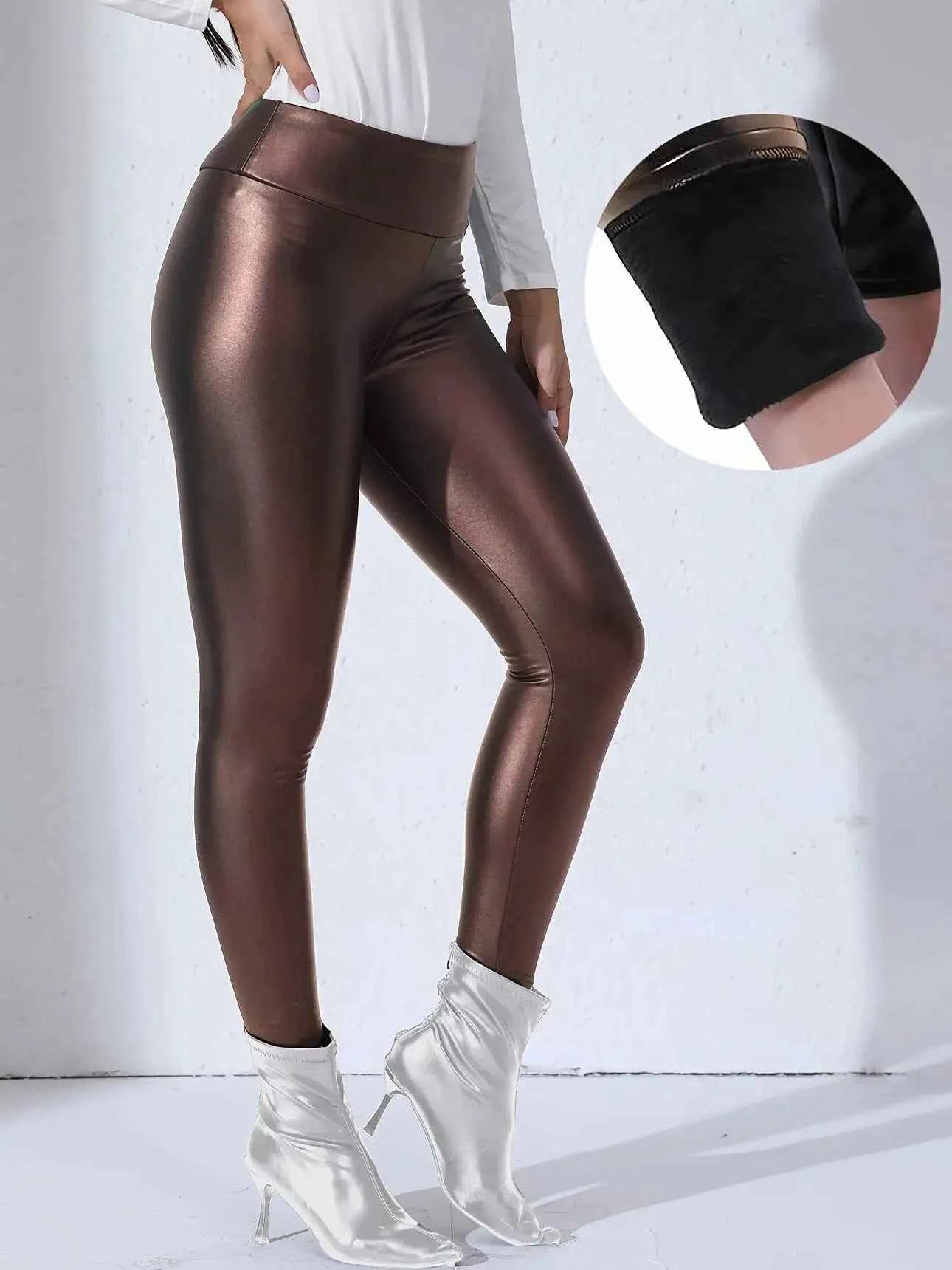 Women PU Leather Fleece-lined Leggings With Pockets Elastic Slim Skinny Pants High Waist Daily Trendy Casual Trousers