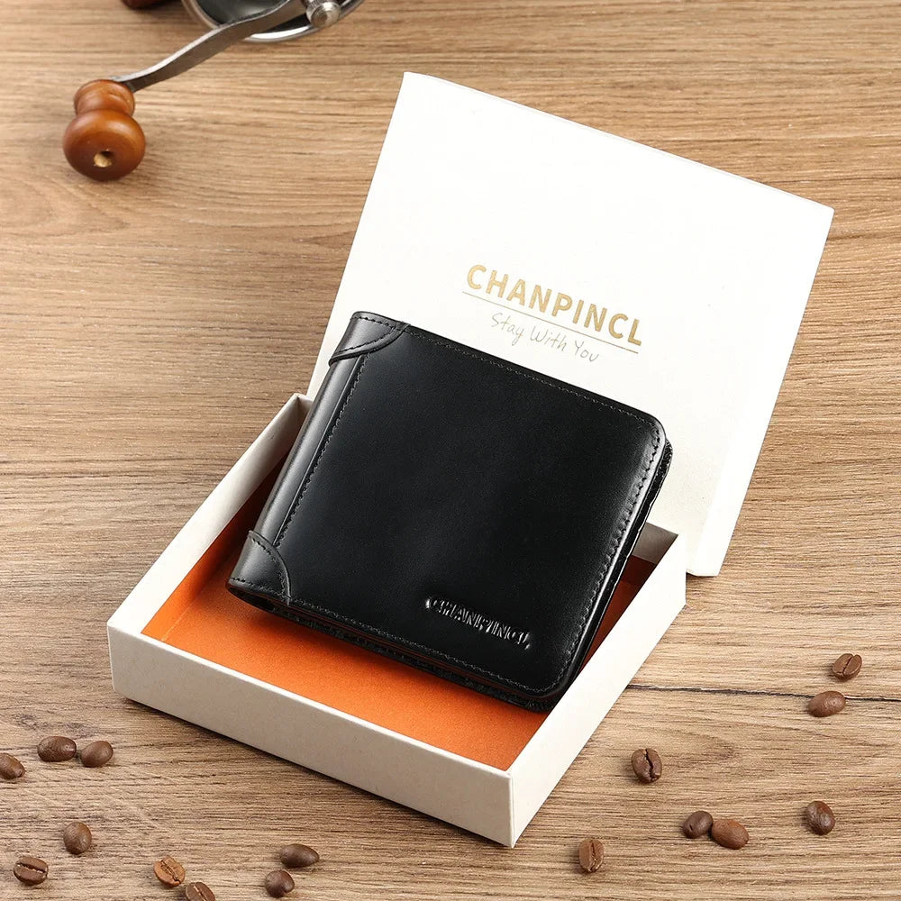 CHANPINCL Men's Italian Top-Grain Cow Leather Short Tri-Fold Wallet – RFID Blocking & Gift Box