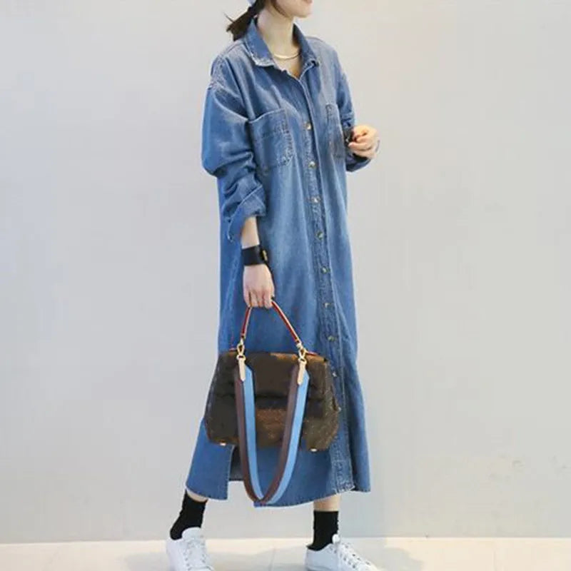 New Spring Denim Dress Women Clothing Loose Long Sleeve Shirt Dress Female Vintage Single-breasted Maxi Denim Dresses Q5664