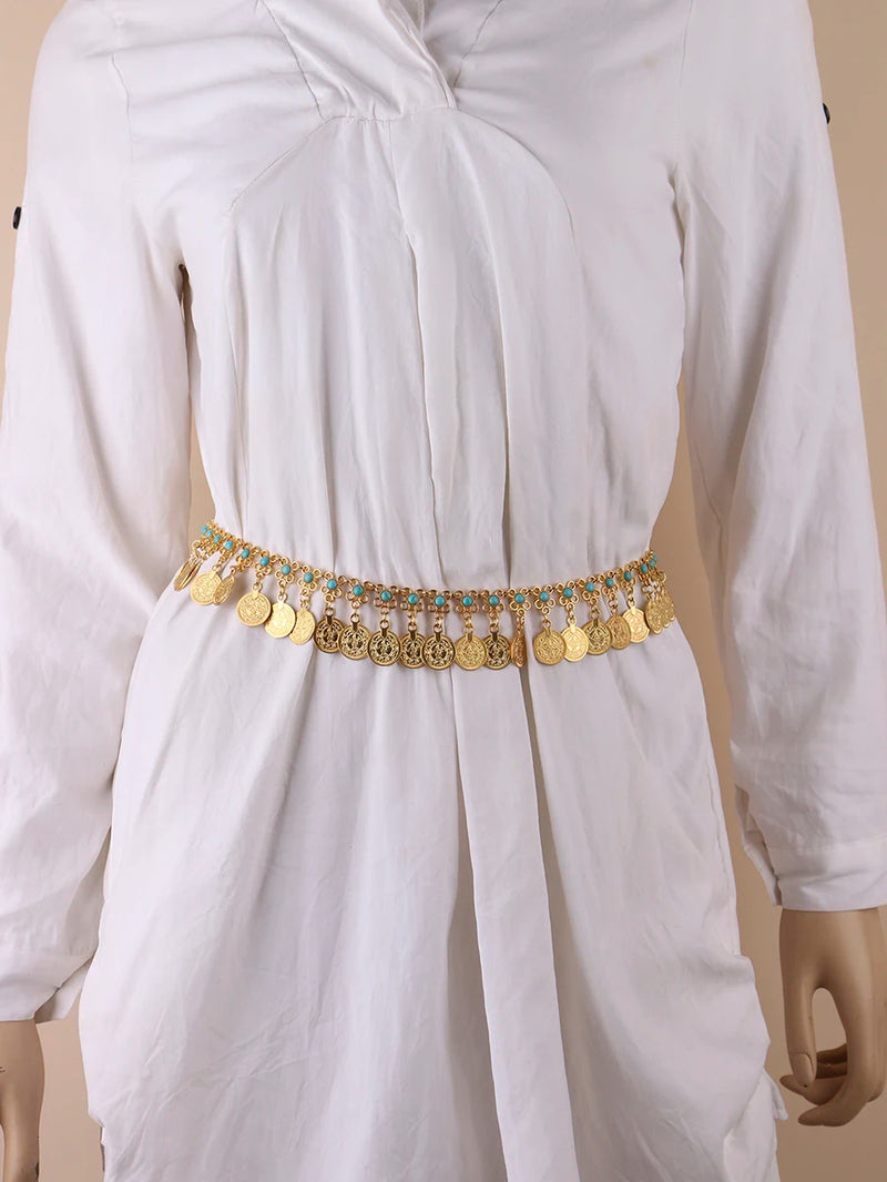 Retro coin Pendant belly Dance Waist Decorateive chain tassel Belt For Women accessories Ladies's Bohemia Girdle Dress catwalk