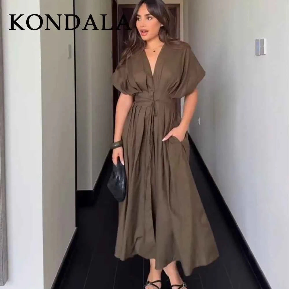 KONDALA 2026 Spring Summer Vintage Women Dress Fashion Single Breasted Sashes Draped V Neck Sleeveless Chic Brown Ladies Dresses