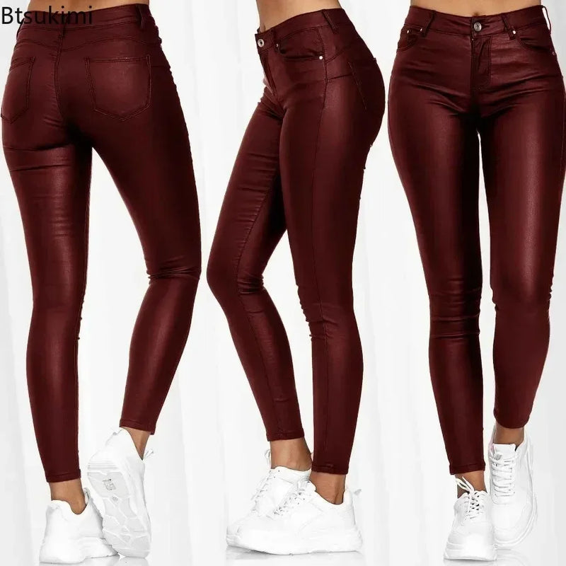 Calças de couro sintético, leggings femininas casuais elásticas e sensuais, couro sintético sólido, calças lápis justas