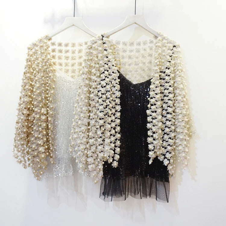Women Beads Coat 2025 Summer Style Women Perspective Shawl Fashion Hollow Out Lace Boleros Short Sleeve Coats Jackets Femal