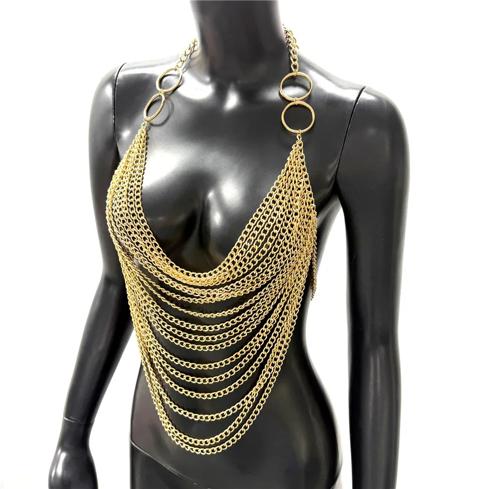 Women Metal Chain Tassel Tank Top Sexy Deep V Neck Backless Hollow Out See Through Crop Top Body Chain Party Club Camisole