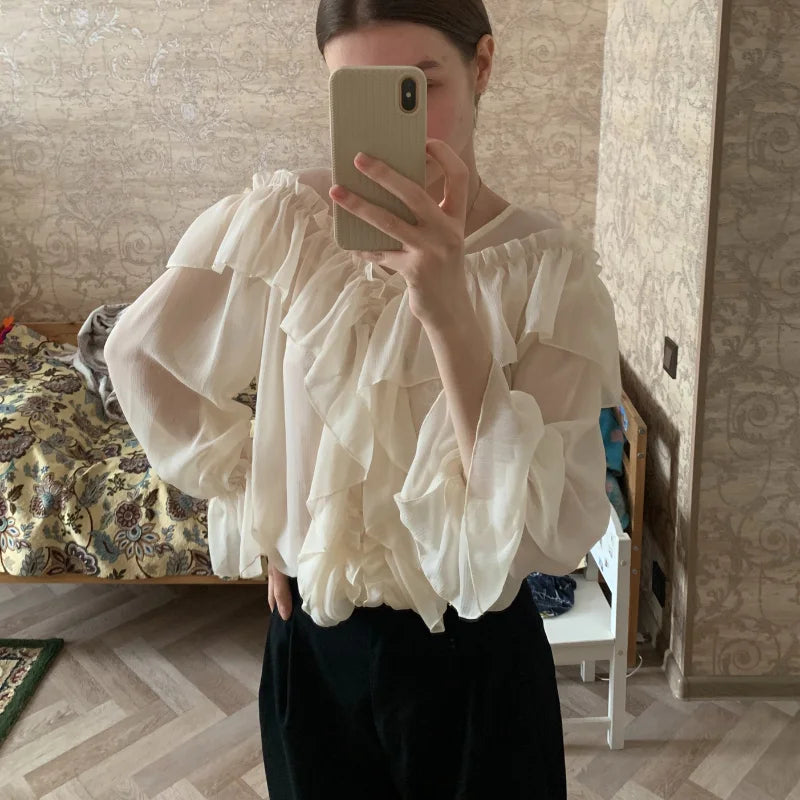 Blusa feminina sexy com decote em V, transparente, estilo boho, de malha, com babados, manga larga, elegante, peplum, com babados, blusa feminina 13459