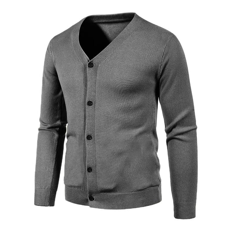 Cardigan de malha masculino de outono fino com decote em V básico elástico slim fit suéter fino cor sólida casual versátil casaco - CRAVO ROSE