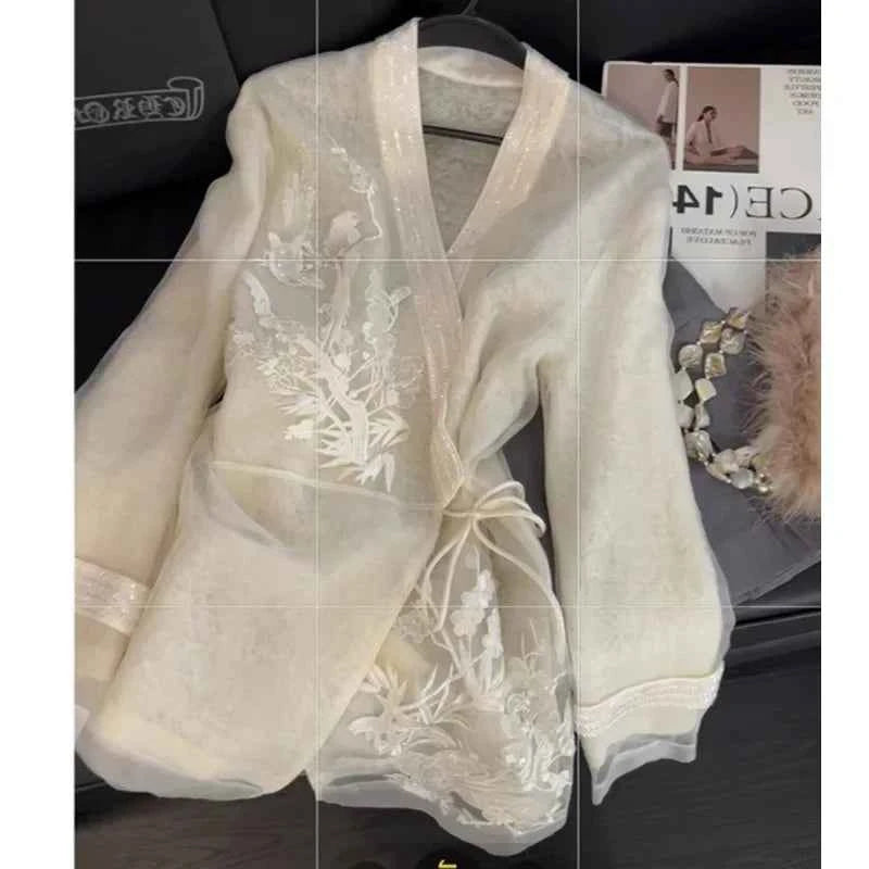 Fashion Chinese Style Embroidery Shirt Women's Mesh Fairy Gentle Style 2026 New Gentleman's Feelings Tops Shirt V-neck Pattern