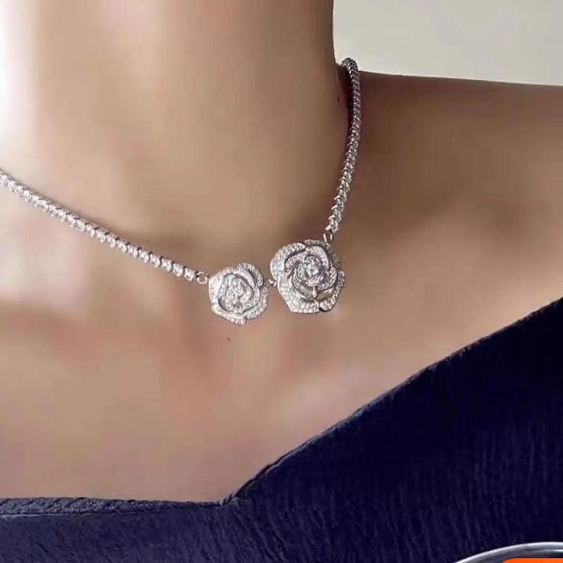 Colar de zircônia camélia para mulher Luxo Vintage CC Estilo Neckchain Clavícula Corrente