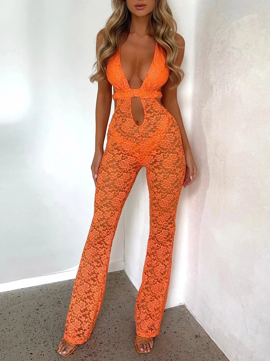 Women Halter Flare Jumpsuit Casual Summer Cutout Lace See-Through Backless Romper Pants Streetwear