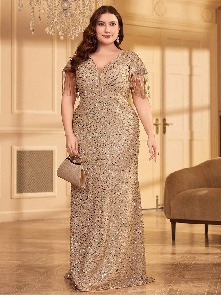 Plus Size Apricot Sequin Luxury Evening Dress 4XL 5XL Big Size Sparkling Prom Banquet Evening Dress Prom Gown 2024 Evening Dress
