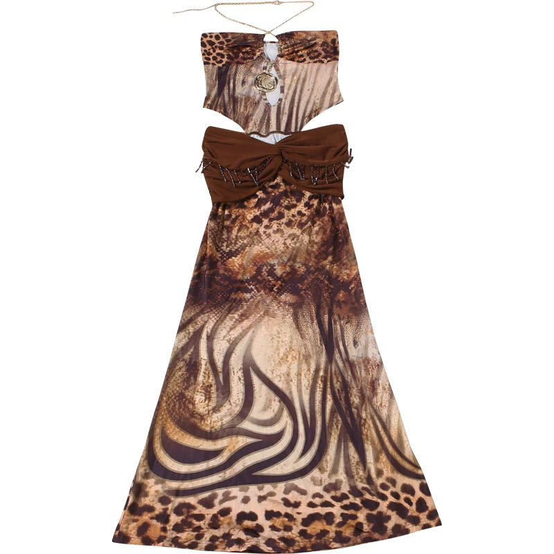 Kliou Sexy Fashion 2 Piece Set Woman Leopard Print Metal Chain Halter Backless Skinny Bodysuit+Tassel Long Skirt Wild Style Suit