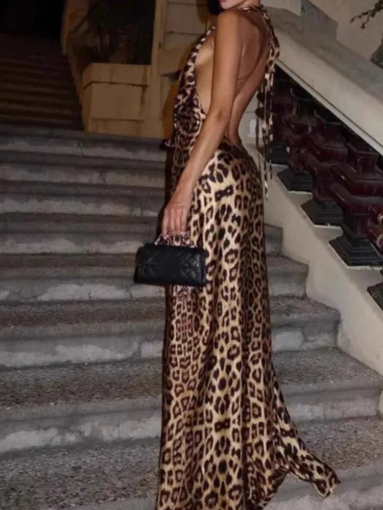 Women Elegant Leopard Print Lace-up Halter Dress Sexy Backless Deep V-neck Slim Long Dresses 2025 New Lady High Street Partywear