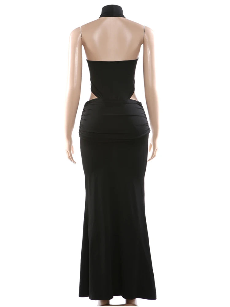 Kliou Sexy Hipster 2 Piece Set Woman Halter Turtleneck Backless Skinny Bodysuits+Elastic Waist Long Skirt High Street Style Suit