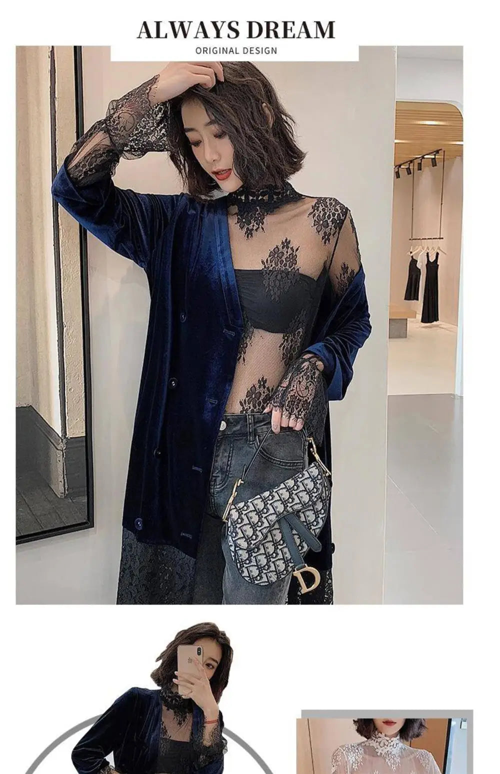 Sexy Lace Base Shirt Women's Mesh Inner Top Half High Collar Knitted Sweater Layerable Floral Lace Trim See through Design
