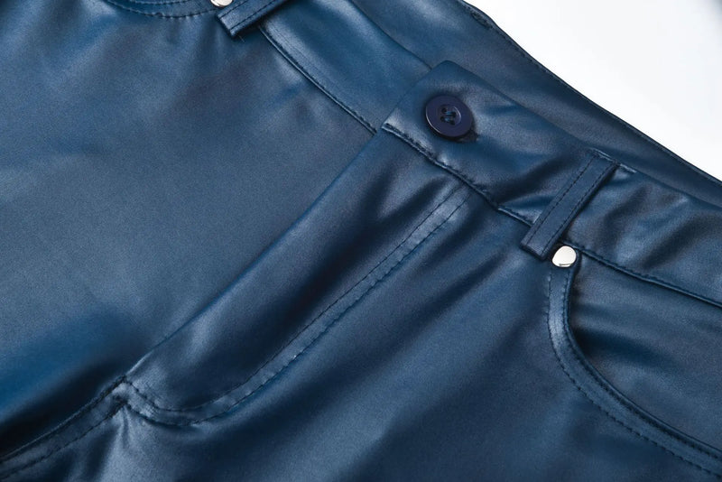 Calças de couro sintético, leggings femininas casuais elásticas e sensuais, couro sintético sólido, calças lápis justas