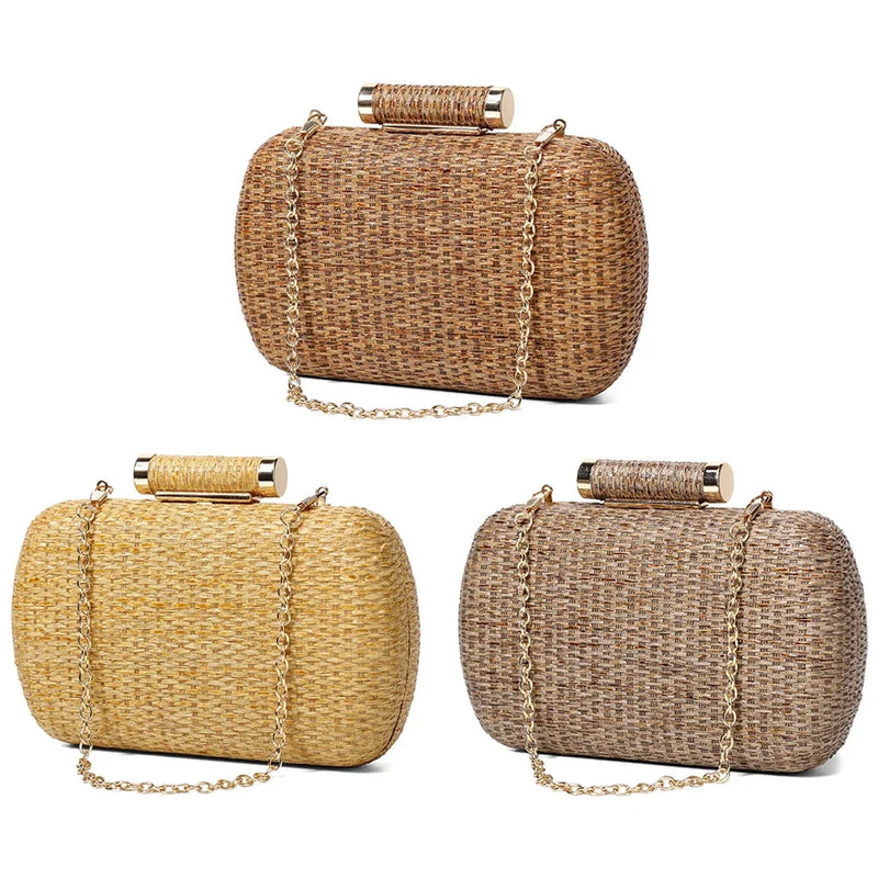 Women Hand-Woved Evening Bag with Chain Strap Straw Beach Handbag Versatile Weaving Satchel Bag Ladies Summer Daily Bag