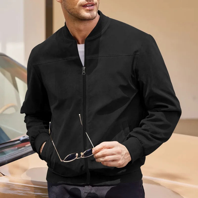 Men's Business Casual Suede Jacket Zipper Collar Warm Sporty Outerwear Polyester Fabric Long Sleeve round Hem Knitted Sleeve