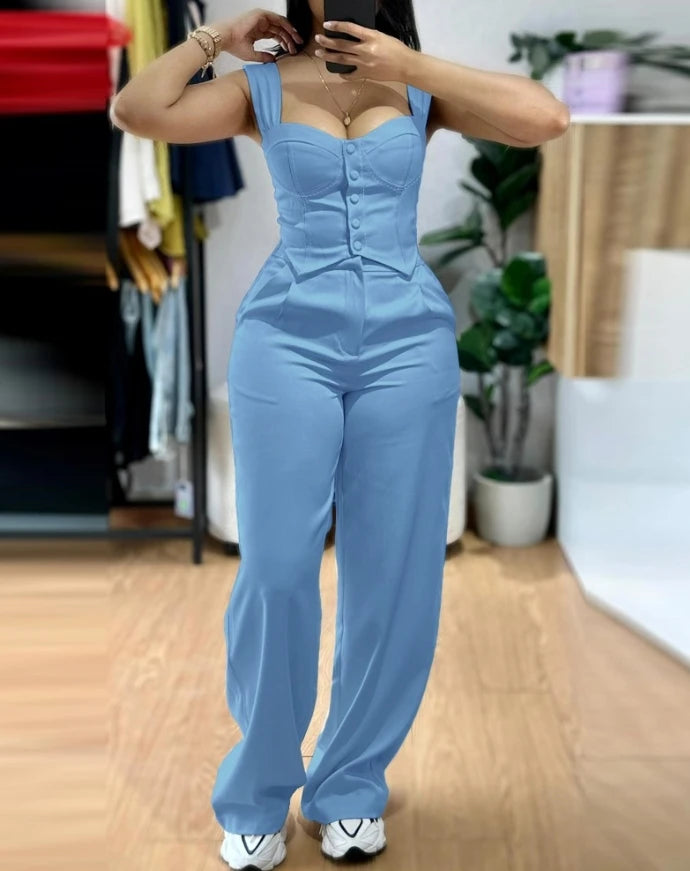 Conjunto feminino de duas peças para blusa regata de alças grossas com botões frontais, modelagem justa e calça pantalona de cintura alta