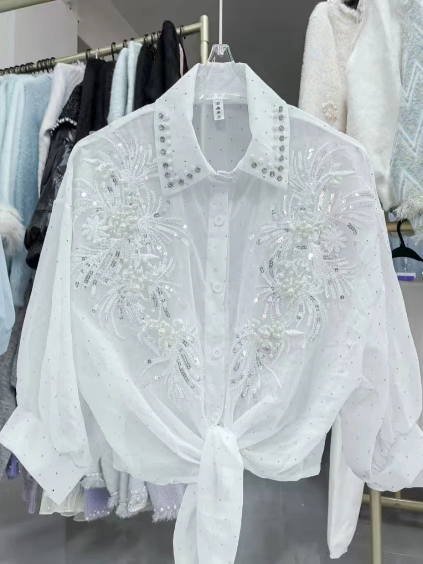 High-end Sequines Pearls Beaded Stitch Sunscreen Blouses Shirts for Women Cardigans Spring Summer Top Korean Popular Clothes