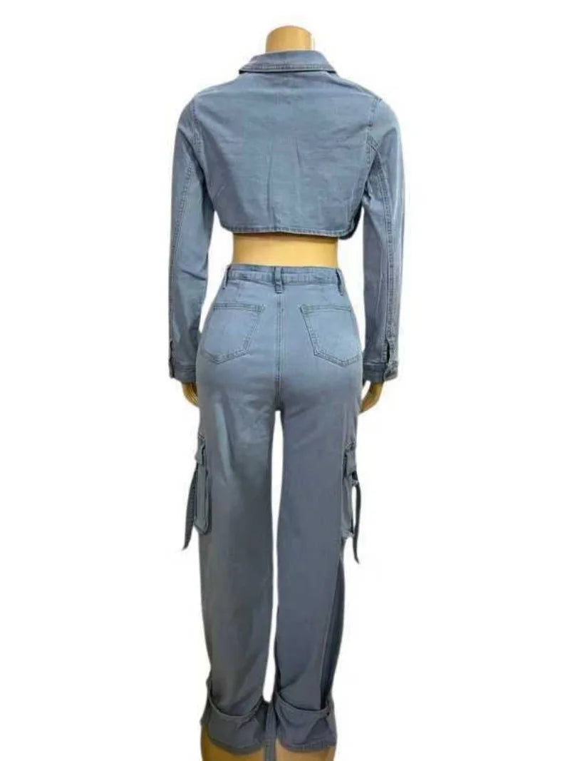 Street Denim 2 Piece Sets Women Outfit Autumn Clothes Women Jean Cropped Jacket Straight Jeans Pant Sets Safari Style Woman Sets