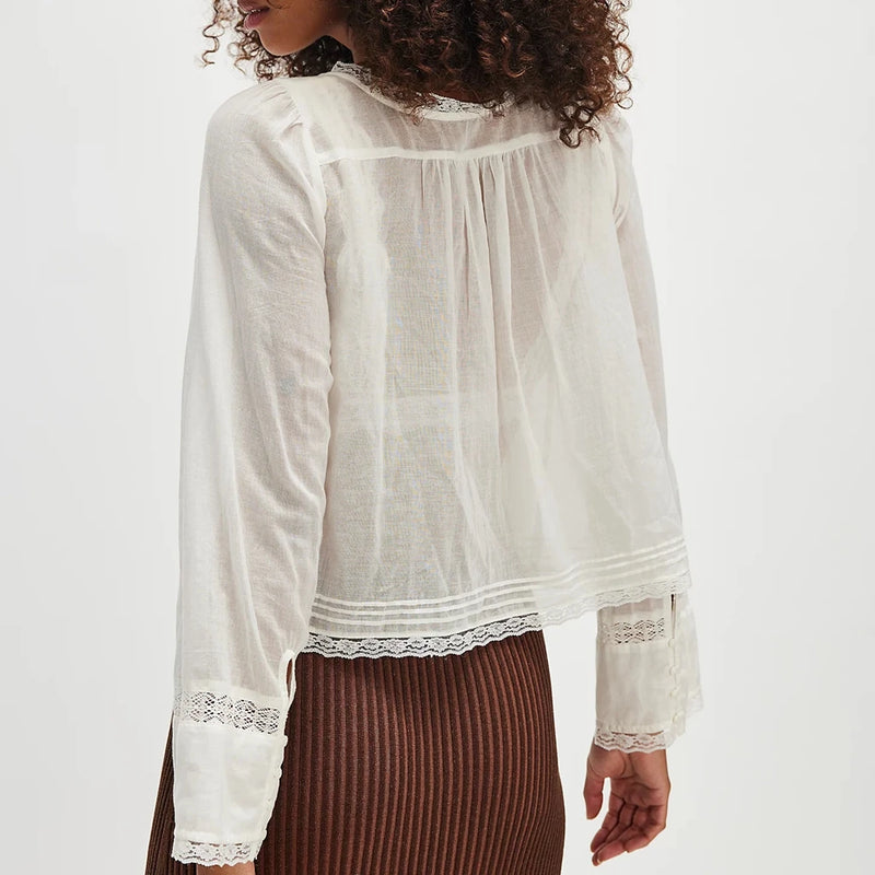 Blusa feminina Combhasaki Y2K Fairy, manga comprida, gola quadrada, patchwork de renda, amarração frontal transparente, blusa curta com botões