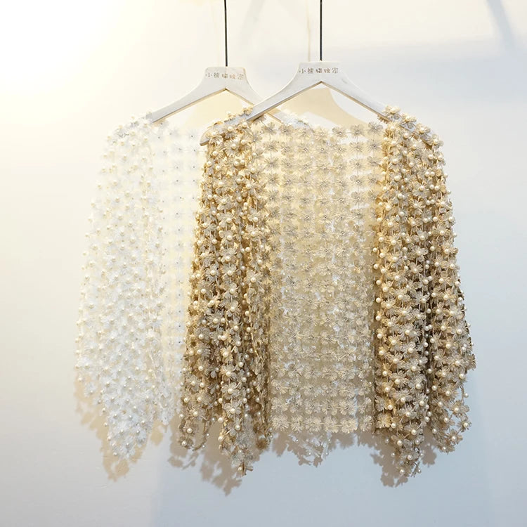 Women Beads Coat 2025 Summer Style Women Perspective Shawl Fashion Hollow Out Lace Boleros Short Sleeve Coats Jackets Femal