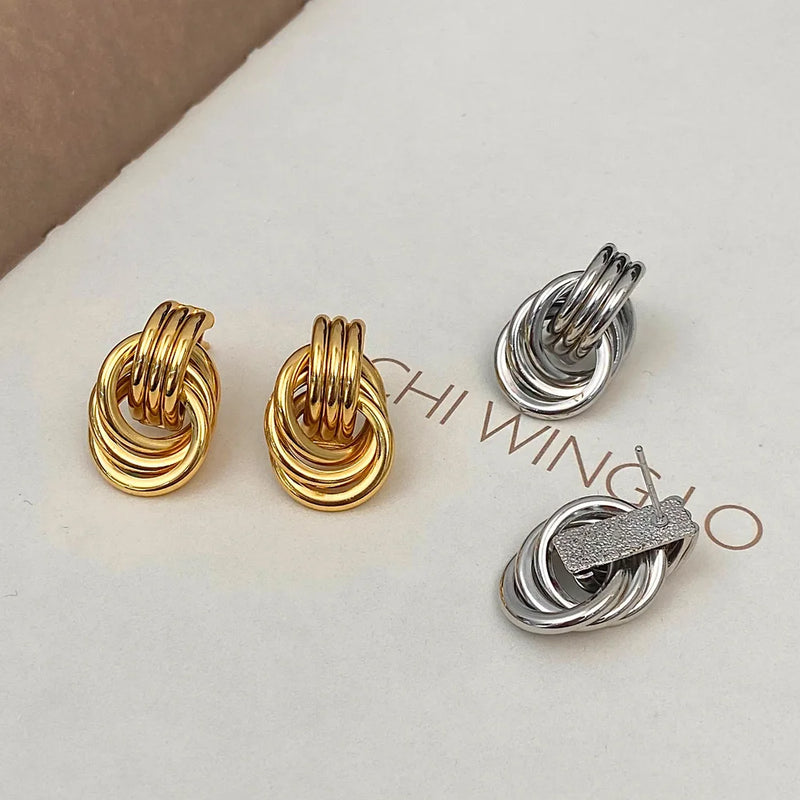 Fashion Glossy Three-Layer Textured Intersecting Knot Earrings for Women Gold Color Stainless Steel Earring Vintage Jewelry Gift