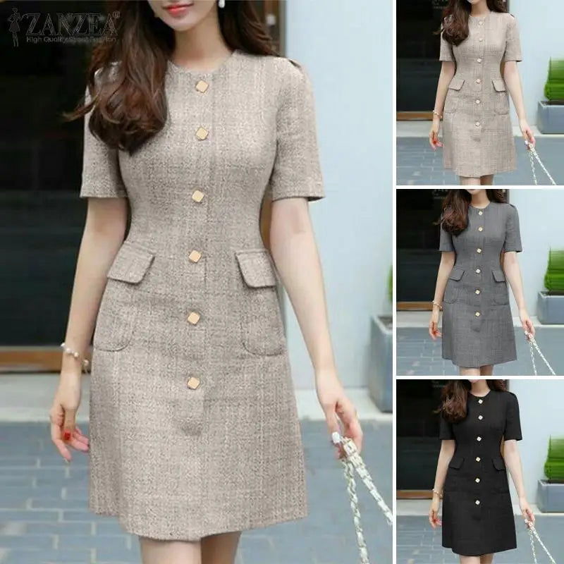 Summer Fashion OL Dress ZANZEA Women O Neck Short Sleeve Sundress Vintage Buttons Up Vestidos Robe Femme Elegant Party Dresses