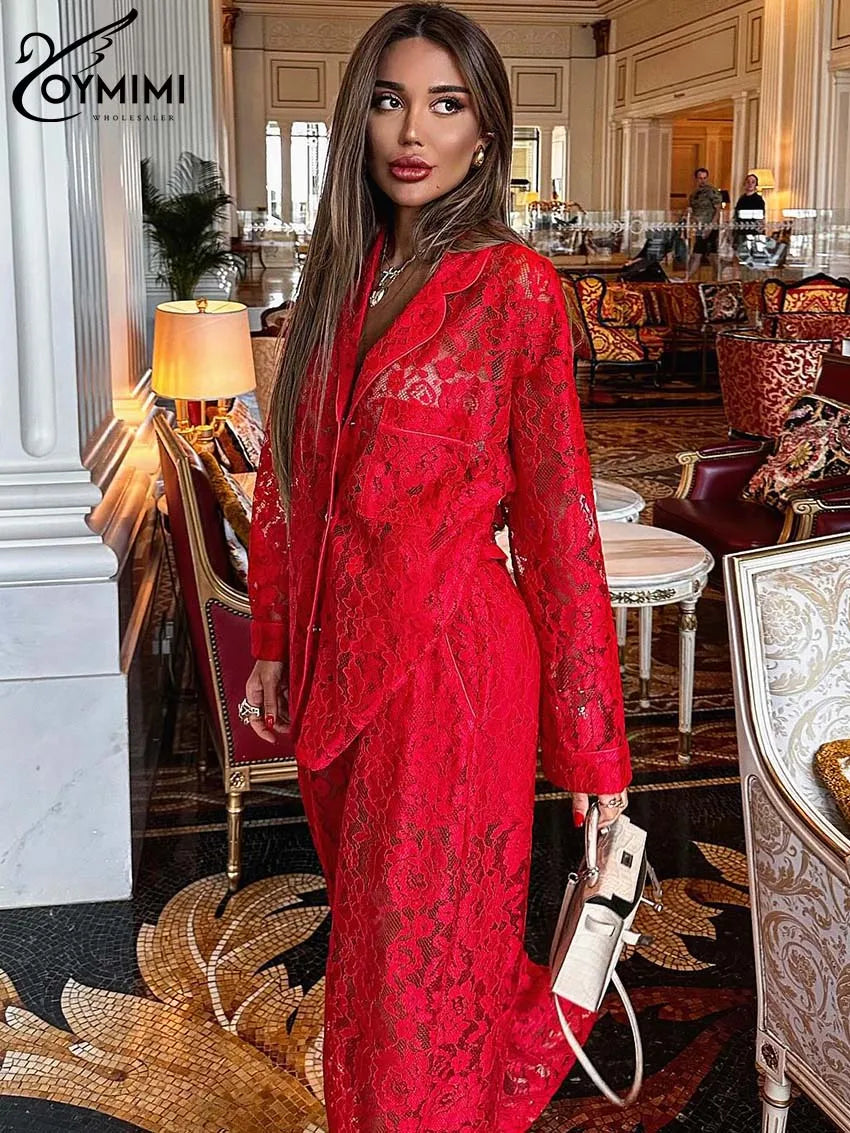 Oymimi Summer Pink Perspective Sets Womens 2 Piece Casual Long Sleeve Button Shirts And High Waist Straight Trousers Female Sets