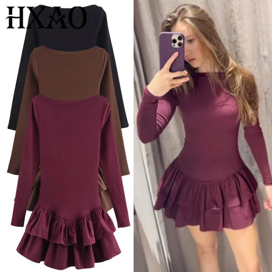 HXAO Womens Dresses Ruffled Corset Dress Summer 2025 Red Brown Black Dress O-Neck Long Sleeve Dresses Layered Party Vestidos 066
