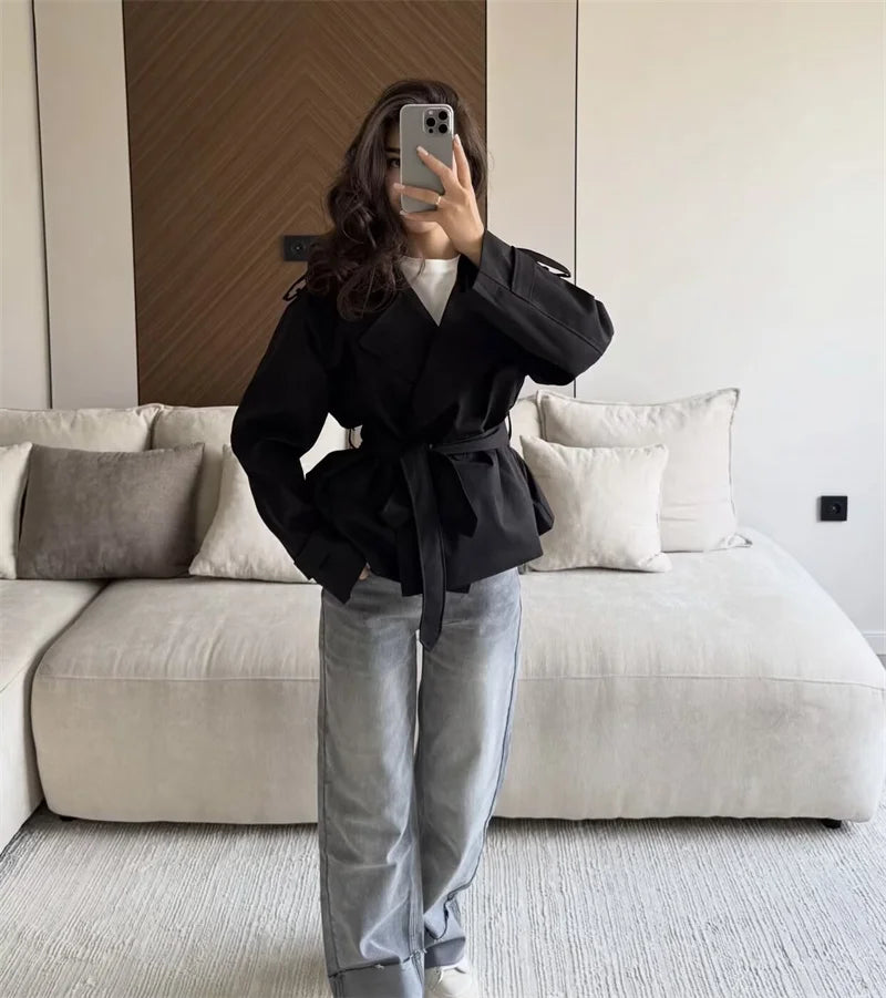 Women's Coat 2026 Spring New Style Solid Color Long Sleeve Belted Short Trench Coat European and American Personalized Fashion
