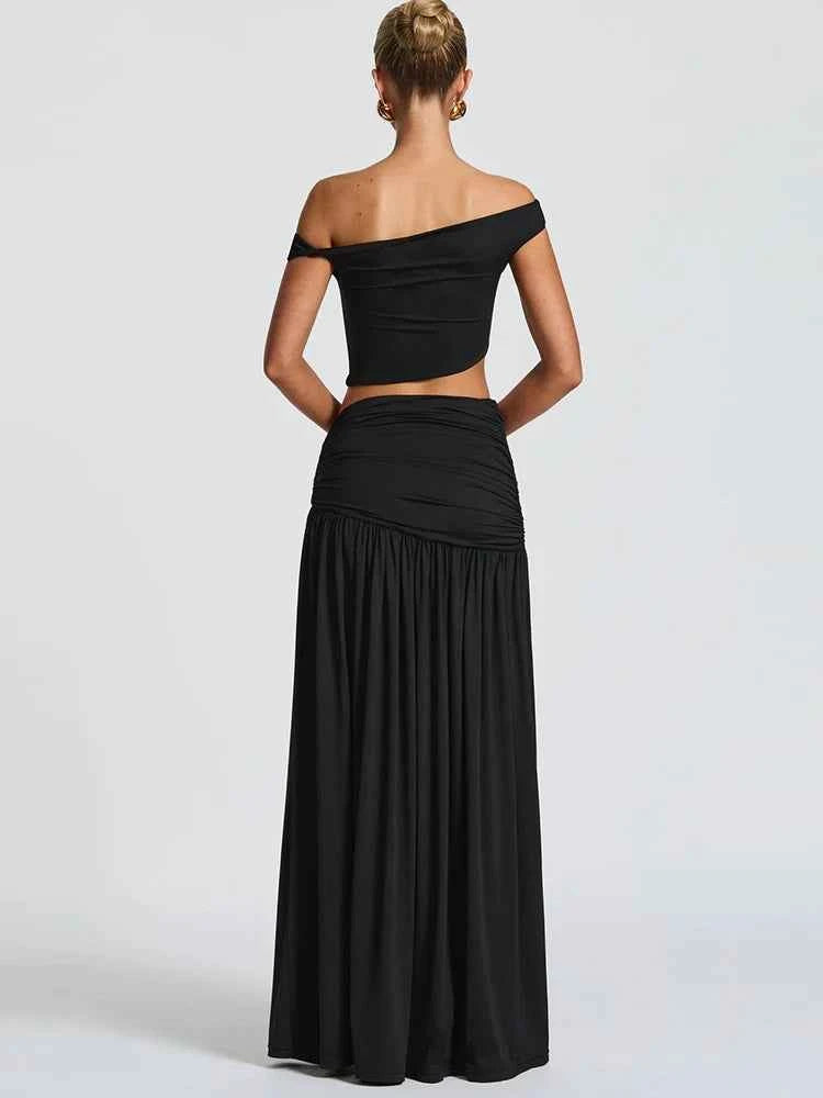 Sibybo Elegant Metal 2 Piece Set Women Partywear Oblique Shoulder Irregular Crop Top Side Slit Ruched Maxi Skirt Matching Outfit