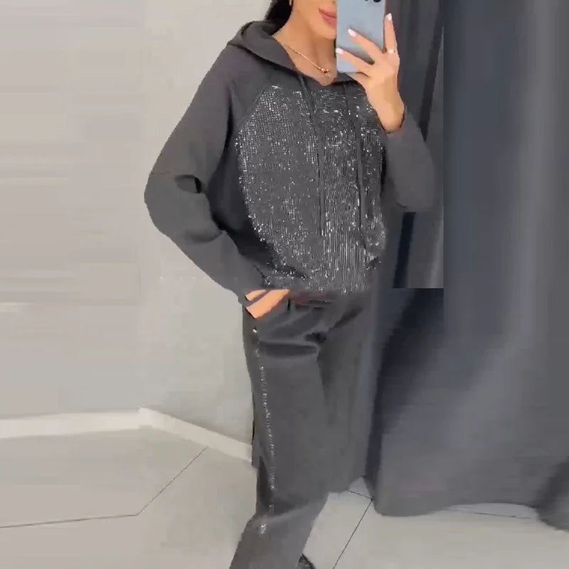 Fashion Diamonds Patchwork Women's Suits Sport Drawstring Hooded Sweatshirt and Long Pants Sets 2025 Vestidos Leisure Sportswear