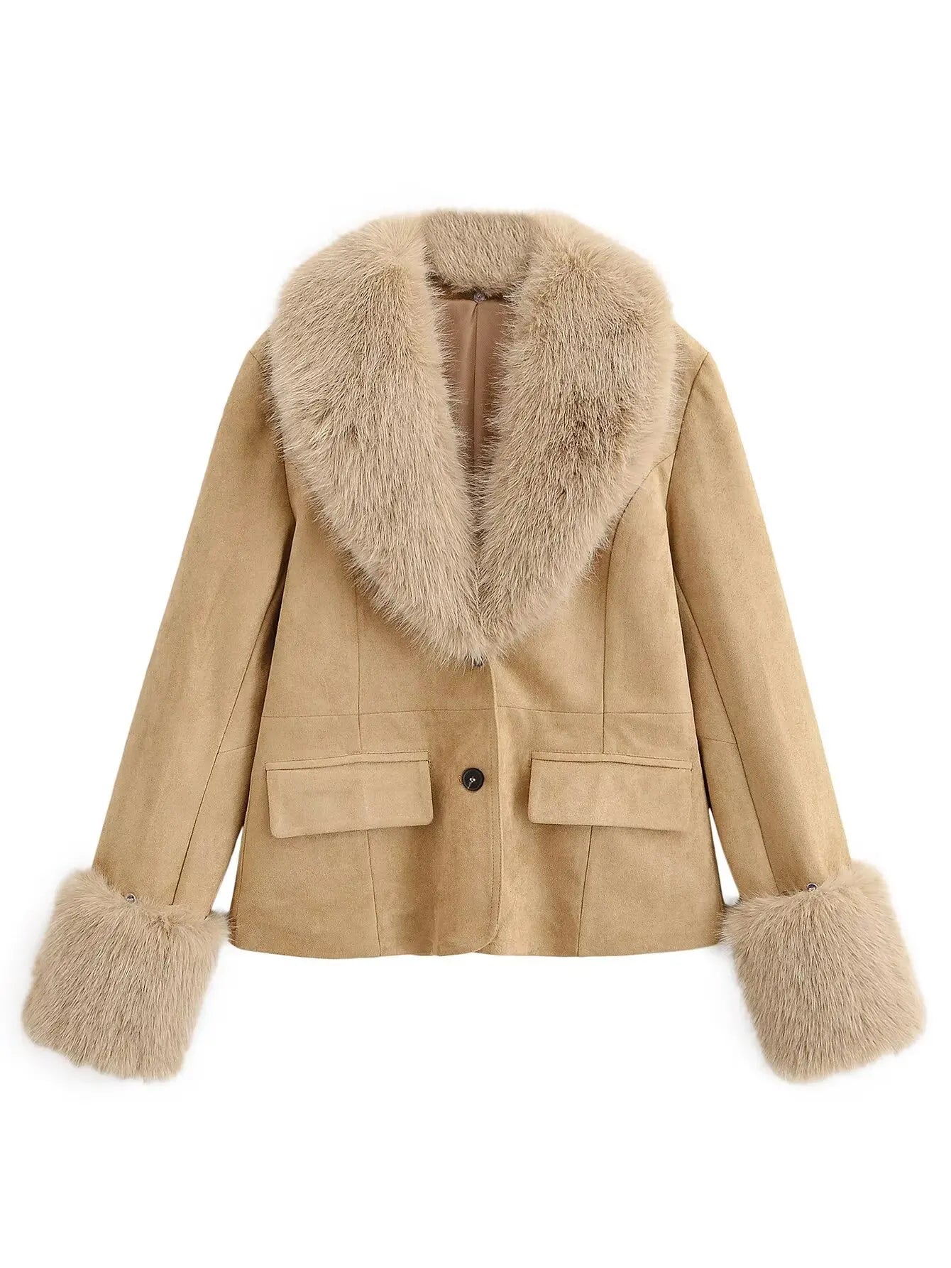 KONDALA Fall Fur Collar Suede Blazer Women's Elegant Buttons Slim Suit Jacket 2025 Autumn Fashion High Street Faux Fur Blazer