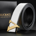 Cinto de design LUCKACE para homens, moda feminina, luxo, letras, fivela lisa, liga, fivela em V, cintos de couro, presentes, cintura
