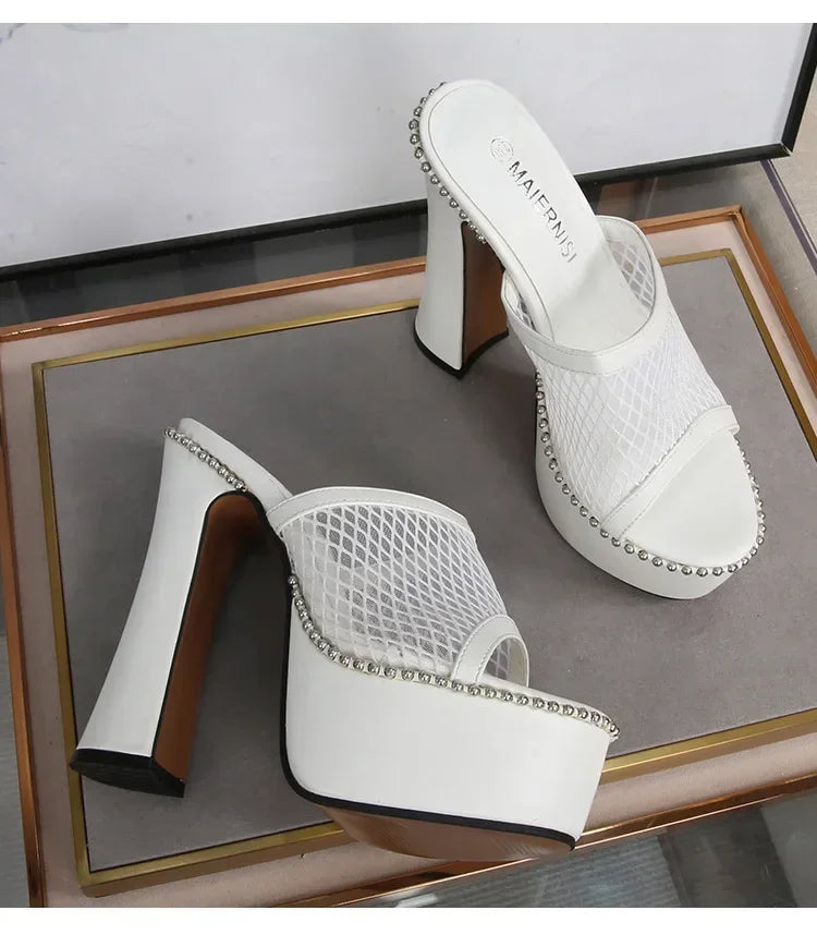 Women Mesh Lace Sandals  Summer Sexy High Heels Platform Slippers Ladies Fashion Bright Leather Comfort Open Toe Sandals